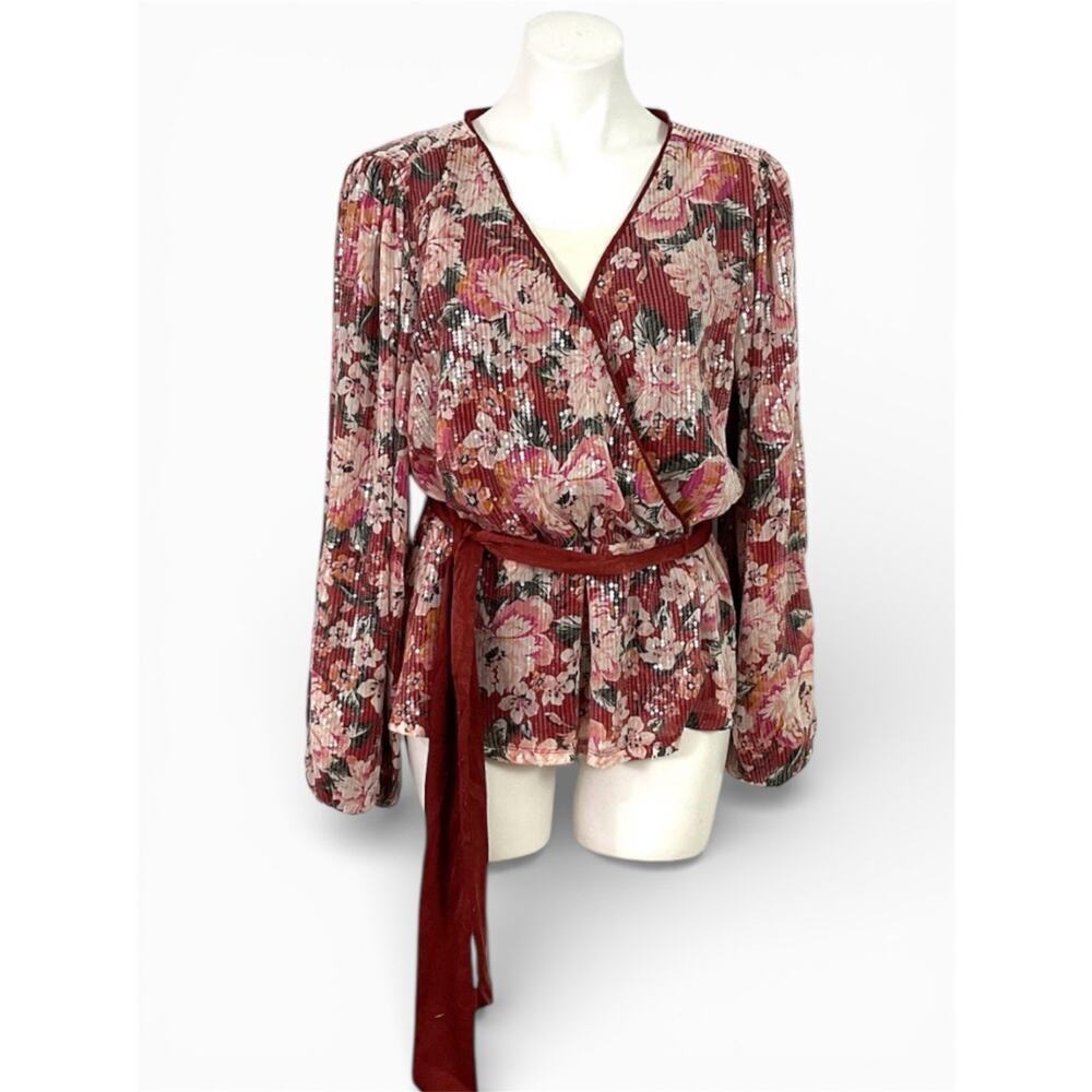 Lauren Conrad Sequin Floral Wrap Tie Top 2X